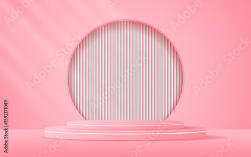 Pink podium with elegant white lines and a white slatted backdrop set in a circular window for displaying advertisements. Display of cosmetic products. Stage or podium. vector illustration	