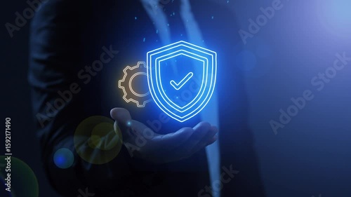 Online insurance and assurance concept for medical, health, life, family, car, home, travel and financial insurance. Businessman showing glowing neon line animated insurance icon on virtual screen. 