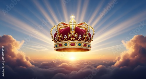 Majestic Crown Above Clouds Golden Sunset Radiant Jewels Royal Symbol Soaring Above Heavenly Glory Peaceful Serene Atmosphere Divine Ambiance