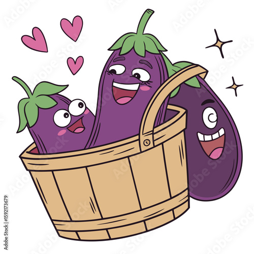 style vector of eggplants in a wooden bask