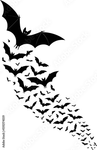 Black bats flying in a swarm against a white background silhouette