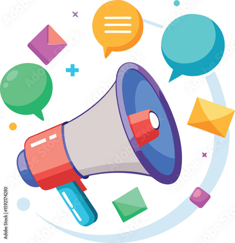 Flat design megaphone with speech bubbles and notifications