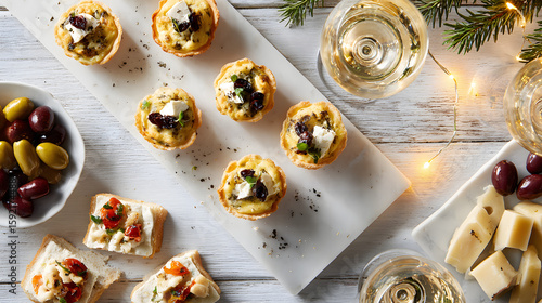 Festive Appetizer Spread with Mini Quiches and Wine Glasses