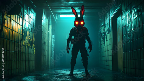 Nightmarish rabbit figure stands in a gloomy corridor, glowing red eyes piercing the darkness.  Damaged walls and graffiti add to the unsettling atmosphere
