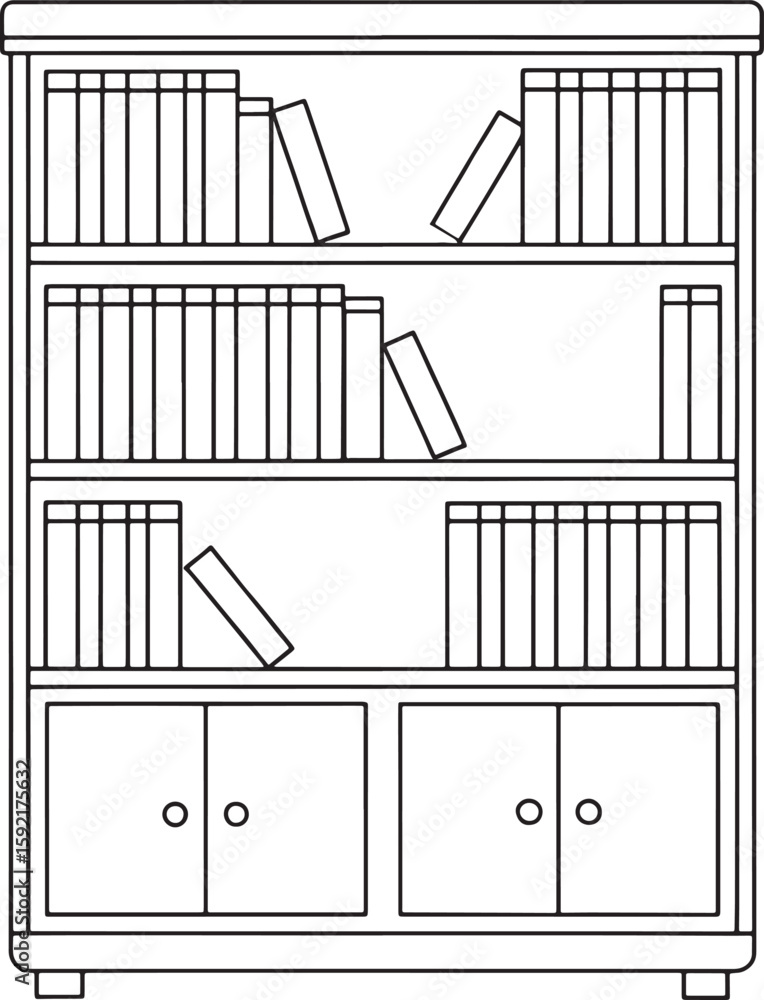 Classic bookshelf illustration with books and cabinet doors perfect for study or home library themes Classic bookshelf illustration with books and cabinet doors perfect for study or home library themes