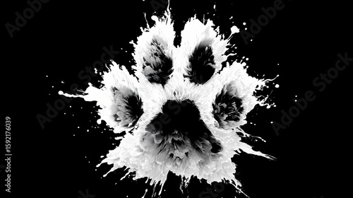 A digitally rendered black and white dog paw illustration with artistic flair. ink blot. Illustration