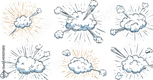 Comic cartoon boom speed effect, explosive motion line element set. Comic boom burst, explosive smoke, line speed cartoon vector icon. Hand drawn sketch doodle action effect. bang, boom, bubble, 