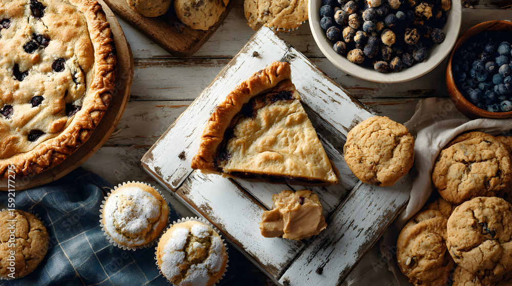 Fototapeta premium Delicious Dessert Spread with Cookies, Pies, and Fresh Berries