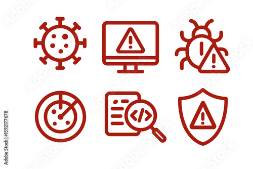Cybersecurity red icons: code scan, virus alert, warning shield, malware bug. Flat transparent vector.