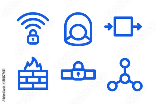 Network protection icons in royal blue: VPN, firewall, encrypted data. Flat vector set for UI and apps.