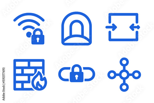 Flat royal blue icons: VPN, secure wifi, encrypted network, firewall, data packet. Transparent vector.