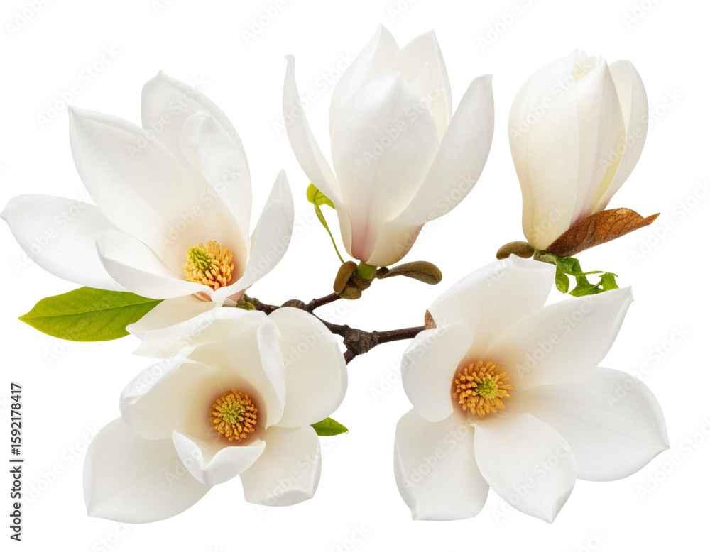 Obraz premium Top-Down Ansicht von Weißen Magnolienknospen auf Verzweigtem Ast, Minimalistische Komposition, Isolated PNG