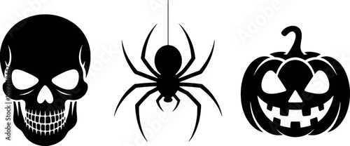 Black Halloween Skull Spider and Pumpkin Silhouettes vector