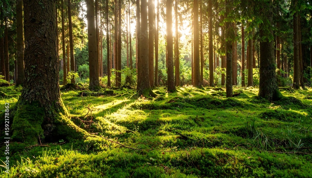 Fototapeta premium Sunlight streams through a mossy forest floor