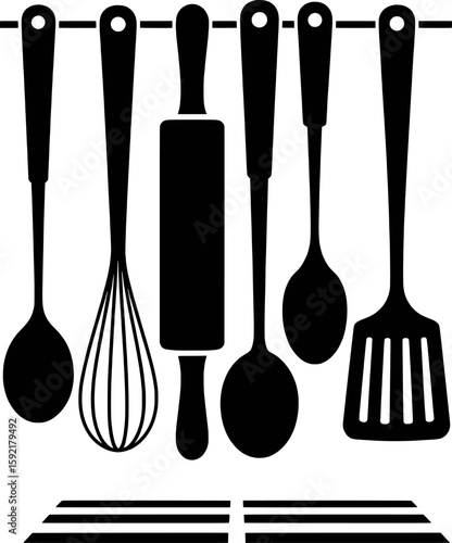 Black kitchen utensils collection hanging on a rail tools cooking