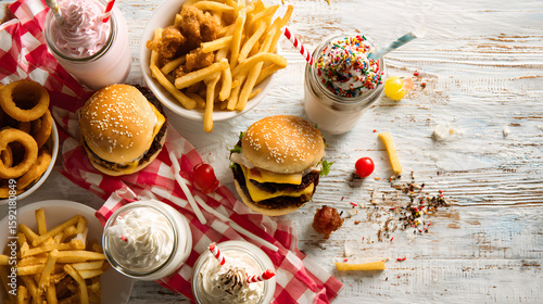 Colorful Fast Food Spread with Burgers, Fries, and Treats