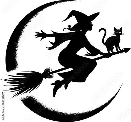 Black silhouette of a witch flying on a broomstick with a cat and crescent moon vector
