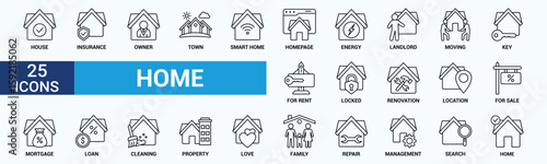 Home icon set. Containing house, property, loan, town, landlord, insurance, location, mortgage, for sale and more. Outline vector icons collection.