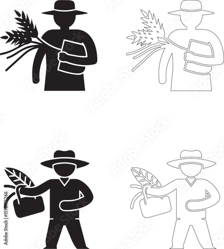 World Food Day farmer holding sheaf of wheat and book vector icons silhouette and outline set of four