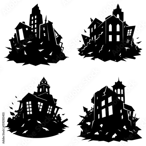 Four silhouetted images showing buildings in ruins with rubble and debris in a black and white design