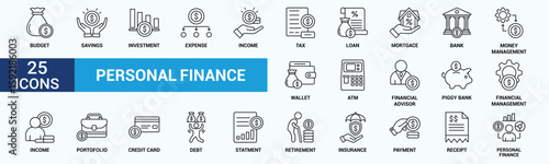 Personal finance icon set. Containing budget, savings, expense, income, tax, loan, statement, financial management, mortgage and more. Outline vector icons collection.