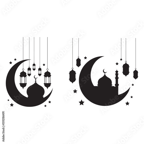 Crescent moon with mosque lanterns and stars islamic