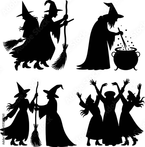 Black silhouettes of witches with brooms and cauldron vector
