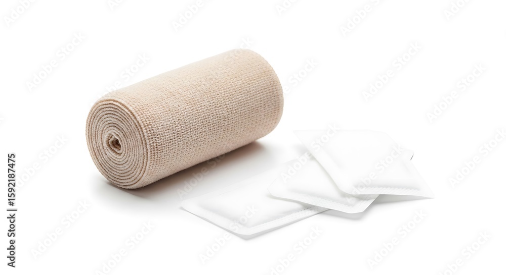 Fototapeta premium A rolled bandage alongside several sterile medical pads on a white backdrop for medical visuals.
