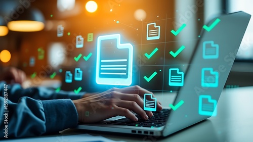 Photo of hands typing on a laptop, surrounded by glowing digital documents and checkmarks symbolizing data processing