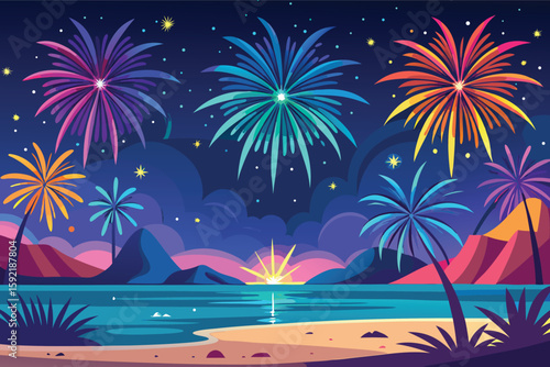 Vibrant tropical fireworks display over coastal horizon