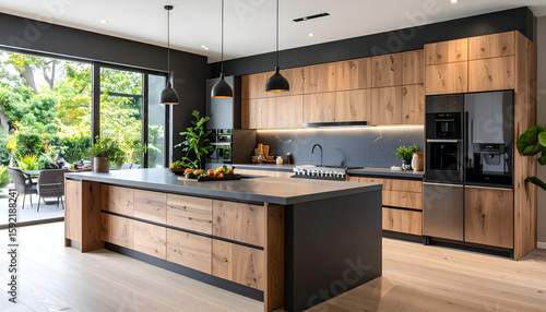 Modern Dark Wood Kitchen Interior Design with Island