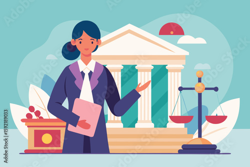 Woman lawyer presenting case in court with scales of justice vector