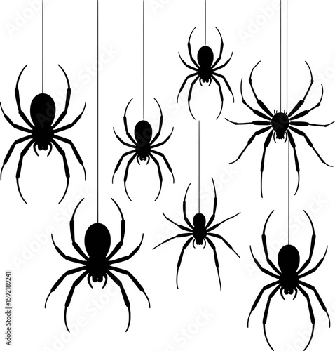 Black spider silhouettes hanging on threads for Halloween decoration vector
