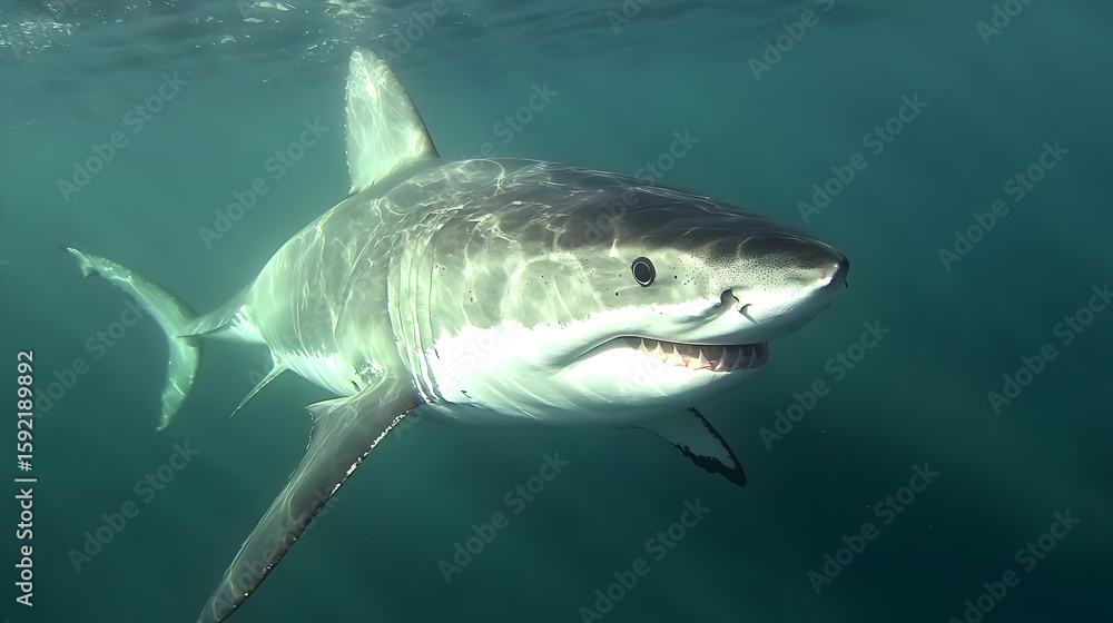 Fototapeta premium Great white shark in teal water. Close-up view of a large shark's head and upper body, showing teeth and fins. Underwater shot