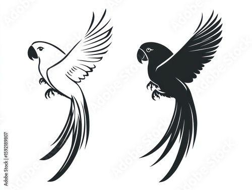 Two stylized parrot silhouettes, one white, one black, in flight