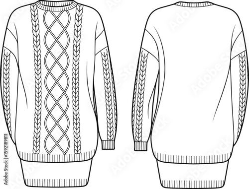 Long cable knit sweater flat sketch, front and back view with braided pattern, women’s winter fashion pullover technical vector illustration