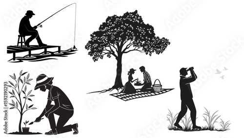 Vector set of outdoor and nature hobby silhouettes, including fishing, gardening, and picnic scenes.