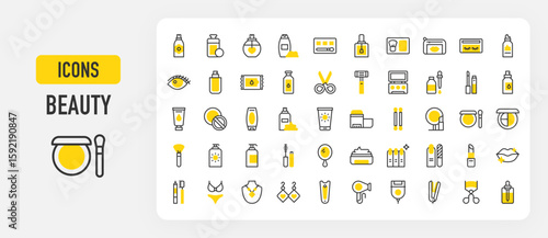 Beauty icons. Lipstick, lips, Lotion, Shower Gel, Lingerie, Sun cream, Lip gloss, Wipes, Brush, Lotion, Shaving Foam, Nails, Serum, Necklace, Deodorant vector stroke illustration.	
