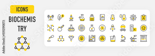 Biochemistry icons. Filter, Molecular Structure, Molecule, Settings, Microscope, Orbital, Shaker, Distilling, Flask, Gas Mask, Beaker, Chemical Reaction vector stroke illustration.	

