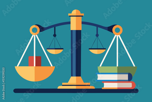 Balanced scales with law books and red cube scales of justice legal