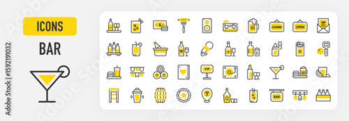 Bar icons. Money, Barrels, Wine, Pizza, Bottles, Cocktail Shaker, Tequila, Burger, Stool, Ashtray, Card, Champagne, Cigarettes, Closed, Cocktail, Bar, Garlands illustration.	
