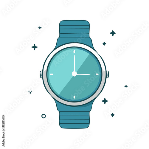 Aqua Analog Wristwatch with Stars - Teal Blue Watch Showing Time, Cartoon Style Illustration