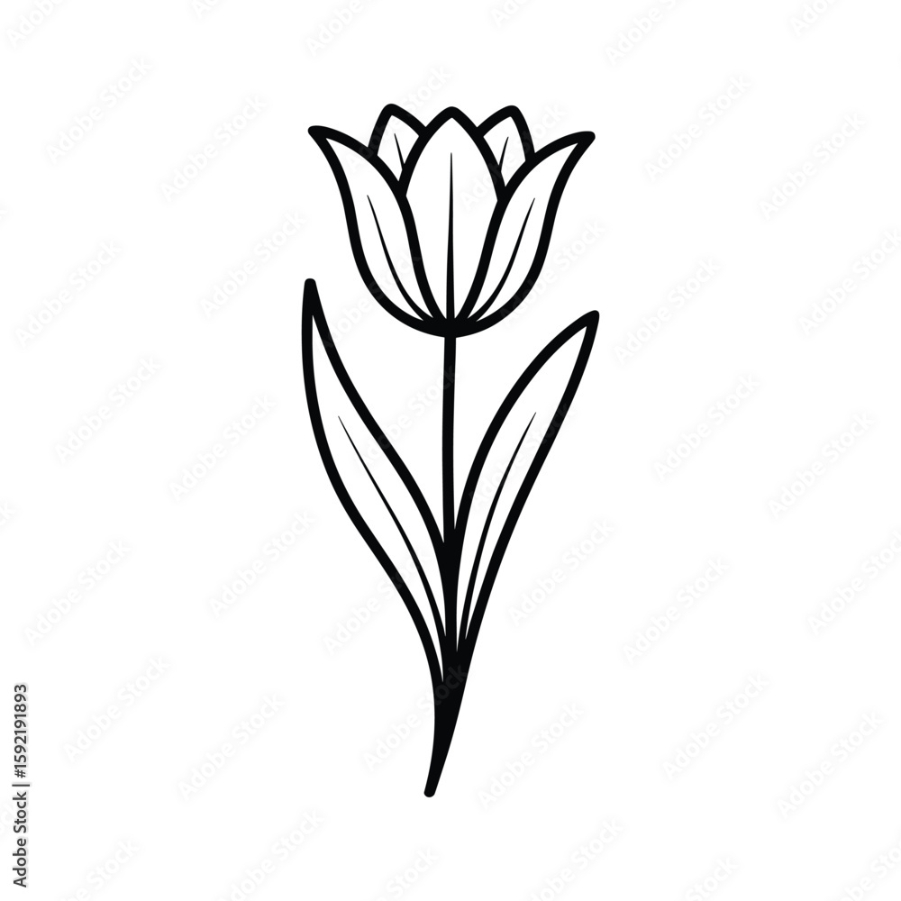 Single black line art tulip flower with leaves floral botanical Single black line art tulip flower with leaves floral botanical