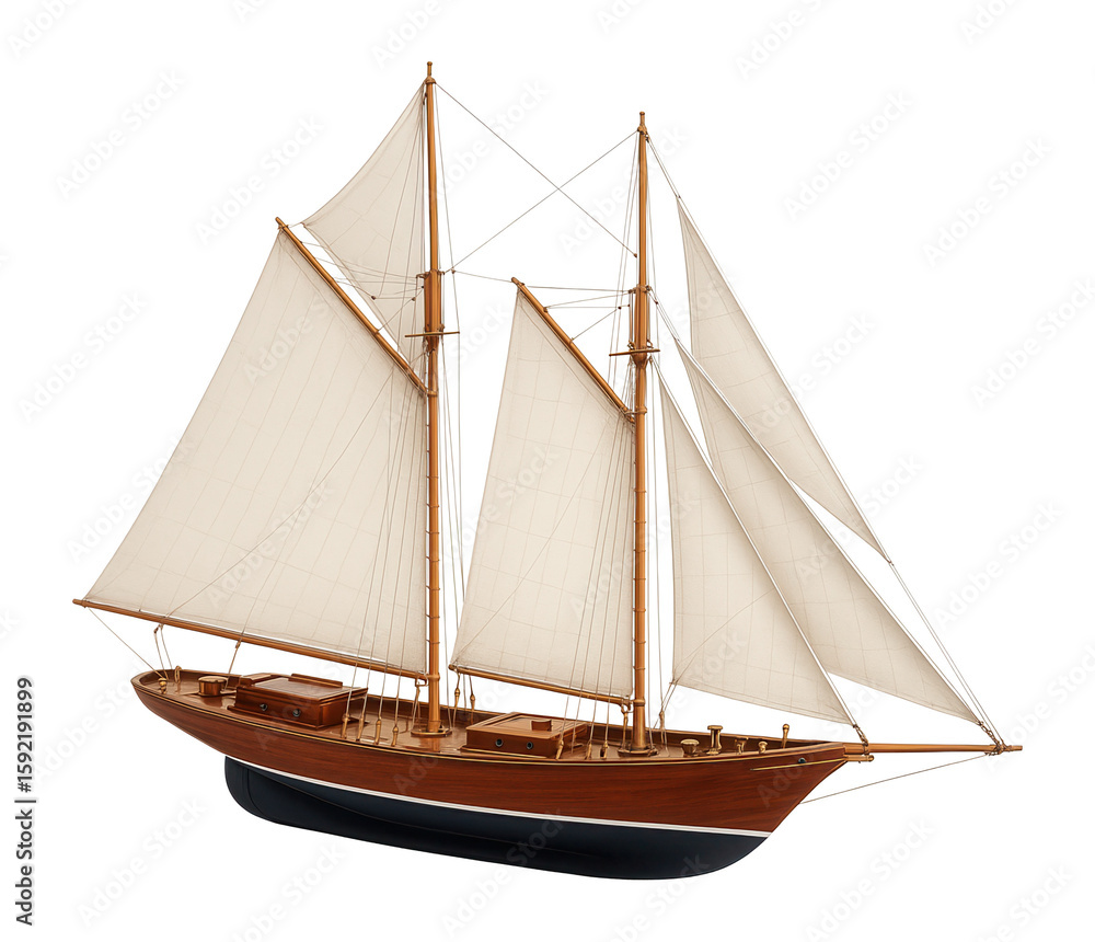 Obraz premium Gaff-rigged schooner with wooden masts and traditional canvas sails