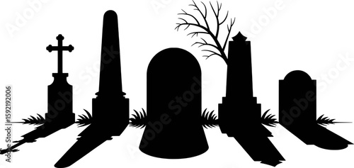 Cemetery gravestones and bare tree branches silhouette tombstones cross