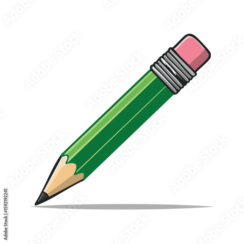 Green graphite pencil with eraser, sharp point and dark shadow against a light background