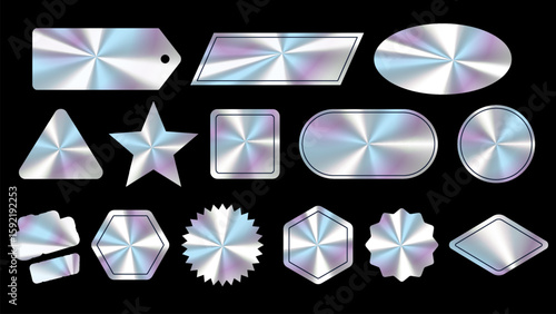 Sticker hologram emblem holographic label set. color neon stickers,Holographic label with tags.Holographic stickers. Hologram labels of different shapes. 