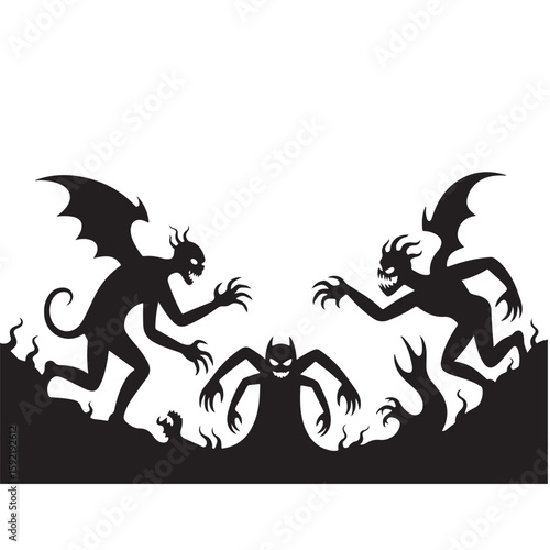 Silhouettes of three winged demons with claws and horns emerging from a dark landscape in black and white