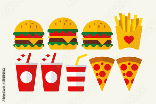 Flat Design Illustration Tasty Fast Food Meal Featuring Burgers, Fries, Pizza and Drinks.