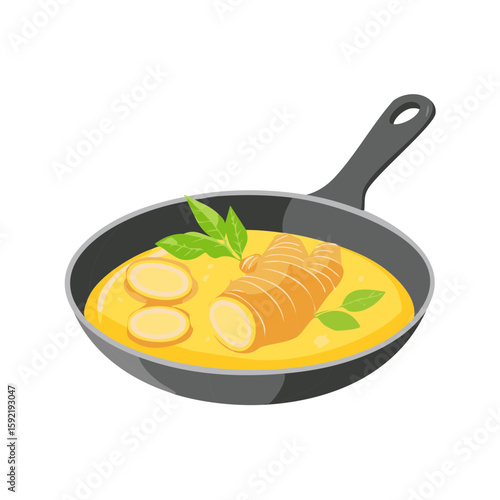 Pan of ginger broth with basil leaves, yellow broth, cooking illustration for health and wellness